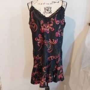 Sexy Flirty Vibrant Floral Black and Pink Chemise Set Satin Silky Romantic Sz.XL